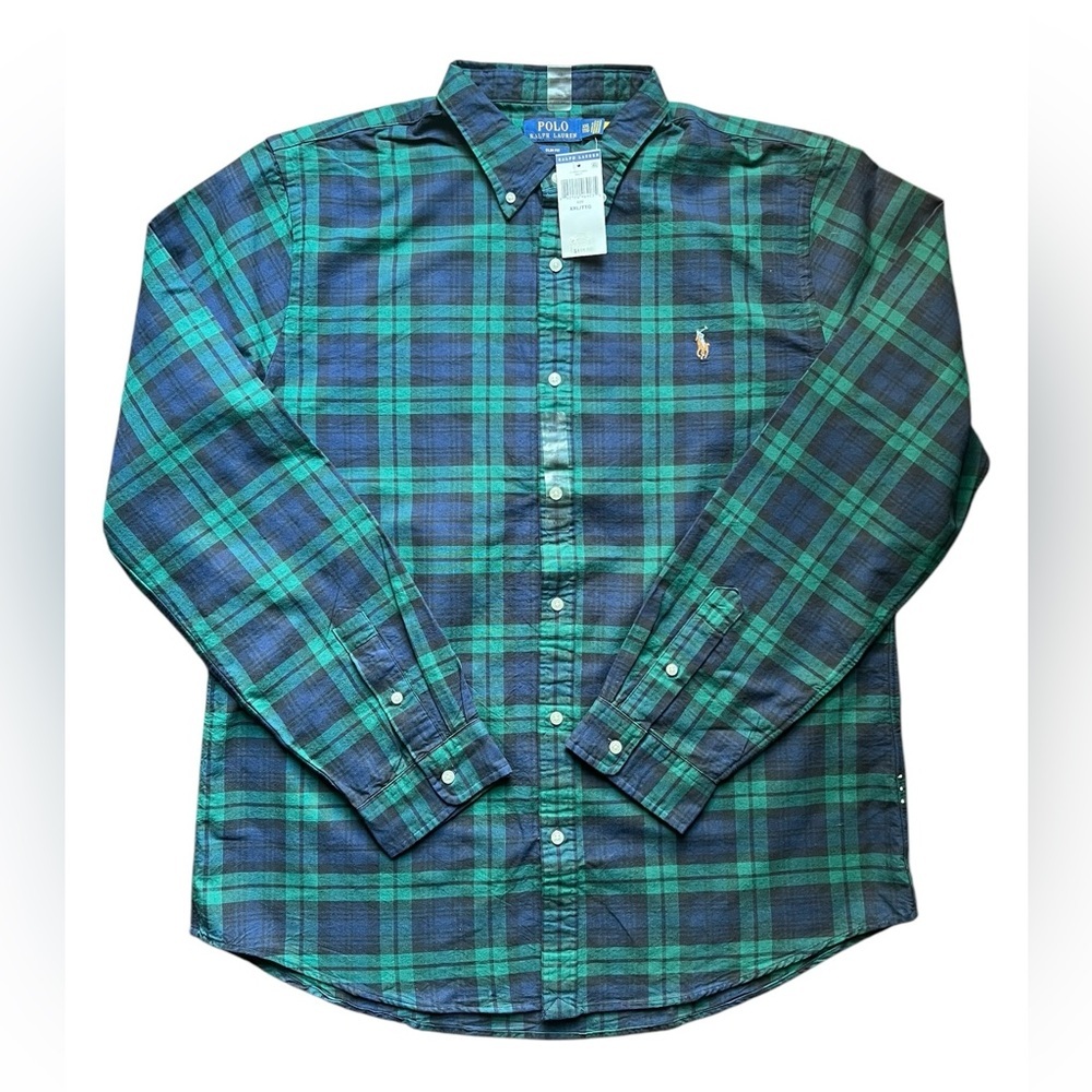 Polo Ralph Lauren Plaid Flannel Button Shirt Mens Slim Fit Navy Green Size XXL - Picture 1 of 11
